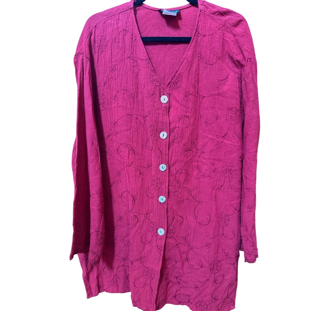 Carole Little Sport Vintage Red Cotton Embroidered Tunic Blouse Size 14 USA Made